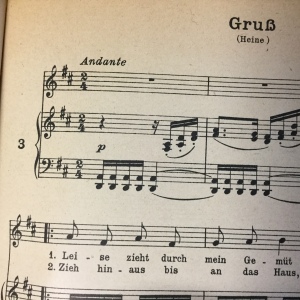 Die ersten Noten mit Text zu „Gruß“ (Heine) von Mendelssohn Bartholdy