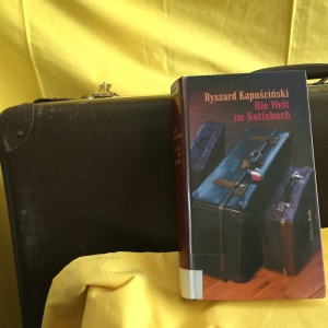Reisebuch vor altem Koffer