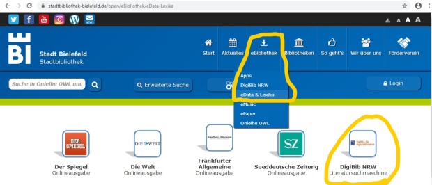 Screenshot der Homepage der Stadtbibliothek Bielefeld, bei der der Menüpinkt "DigiBib NRW" markiert ist