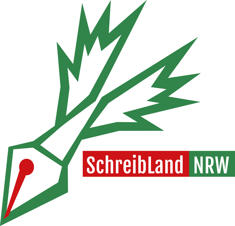 Grafik mit einer stilisierten grünen Schreibfeder, die in 2 Flügel ausläuft, und dem Schriftzug "SchreibLand NRW"