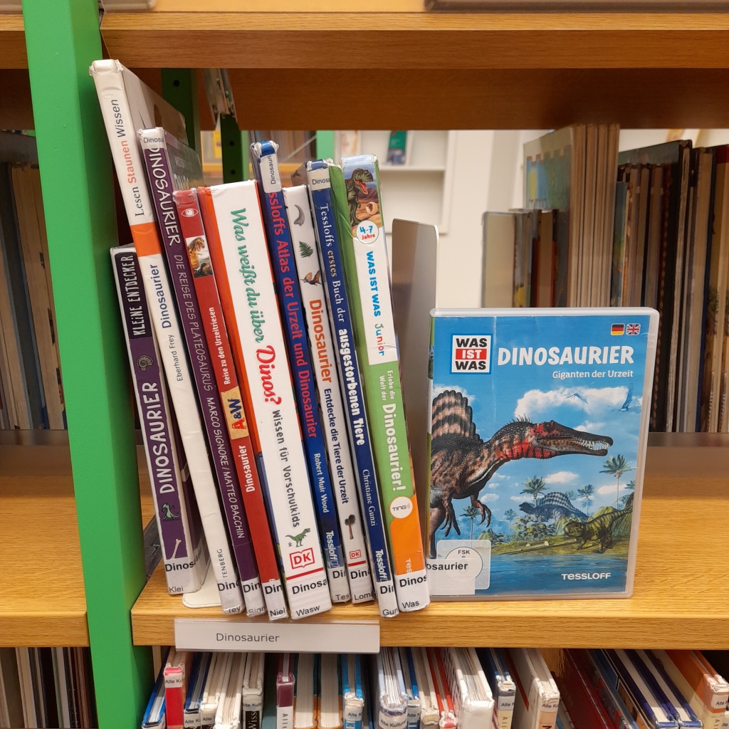 Regalbrett mit mehreren Kinderbüchern  und einer DVD über Dinosaurier