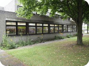 Foto mit einer Außenansicht der Stadtteilbibliothek Baumheide, ein Flachbau mit Waschbeton-Fassade, im Erdgeschoss eine lange Fensterfront. Vor dem Gebäude einen Wiese und ein Baum